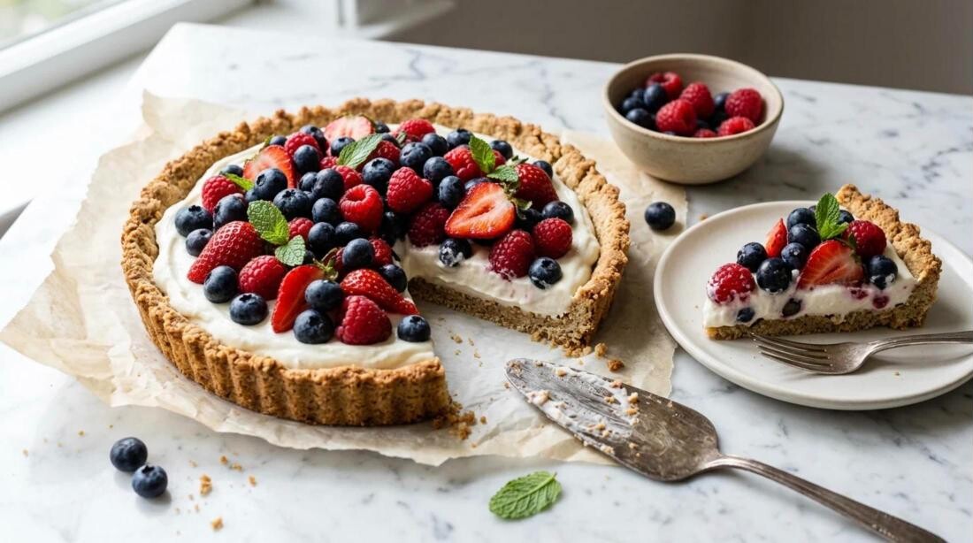 Low sugar desserts idea: berry tart with almond crust and yogurt filling topped with blueberries, raspberries and strawberries