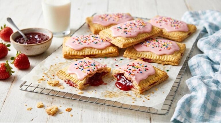 Homemade frosted toaster pastries with strawberry filling and sprinkles