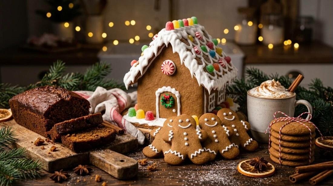 Gingerbread treats on a Christmas table with a gingerbread house and cookies