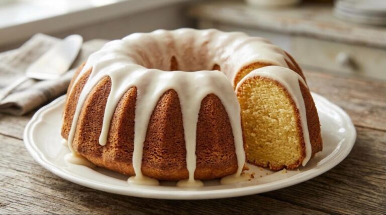 Glazed vanilla pound cake baked in a bundt pan with one slice cut