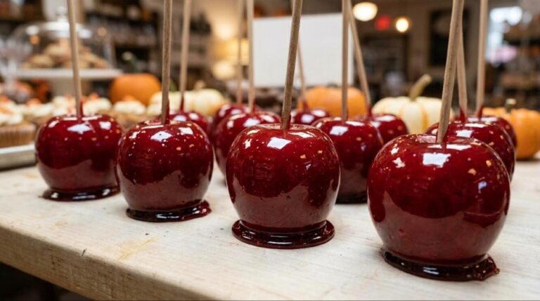 Glossy red candy apples, classic Halloween treats, on a bakery counter