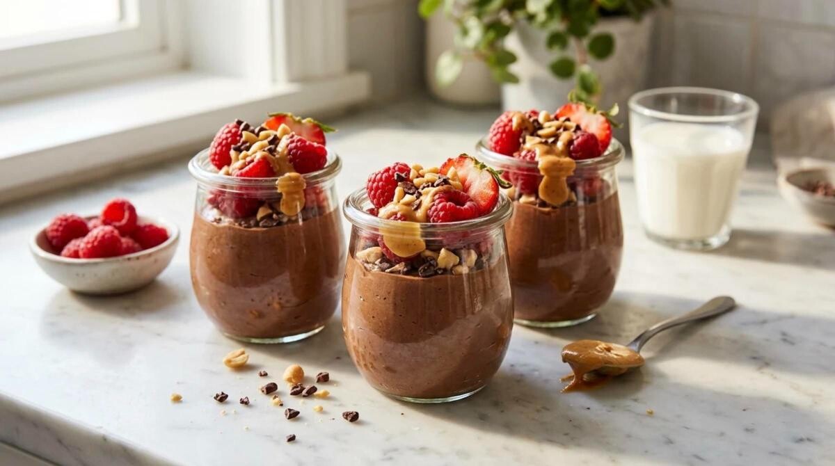 High protein desserts: chocolate Greek yogurt mousse jars with berries and peanut butter