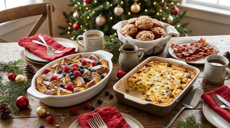 Holiday breakfast table with French toast bake and sausage egg casserole