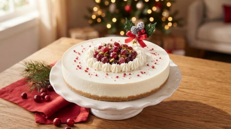 Holiday cheesecake with candied cranberries and pistachios on a white cake stand