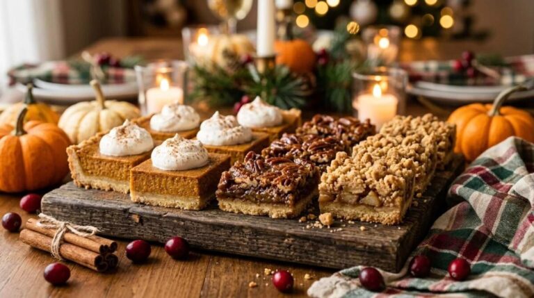 Holiday pie bars: pumpkin, pecan and apple crumble bars on a wooden board