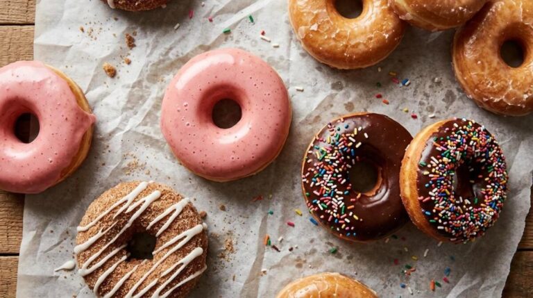 Assorted homemade donuts with pink glaze, chocolate and sprinkles on parchment