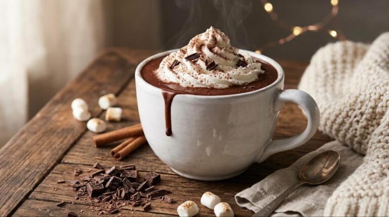 Mug of homemade hot chocolate topped with whipped cream and cocoa