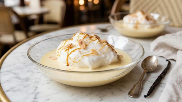 Ile flottante floating island meringue on vanilla custard with caramel