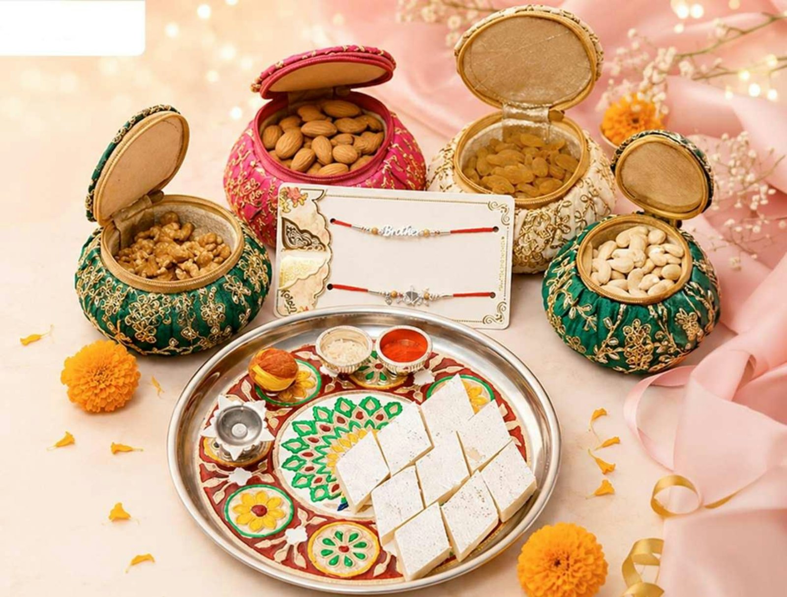 Diamond shaped kaju katli in a festive Diwali gift box