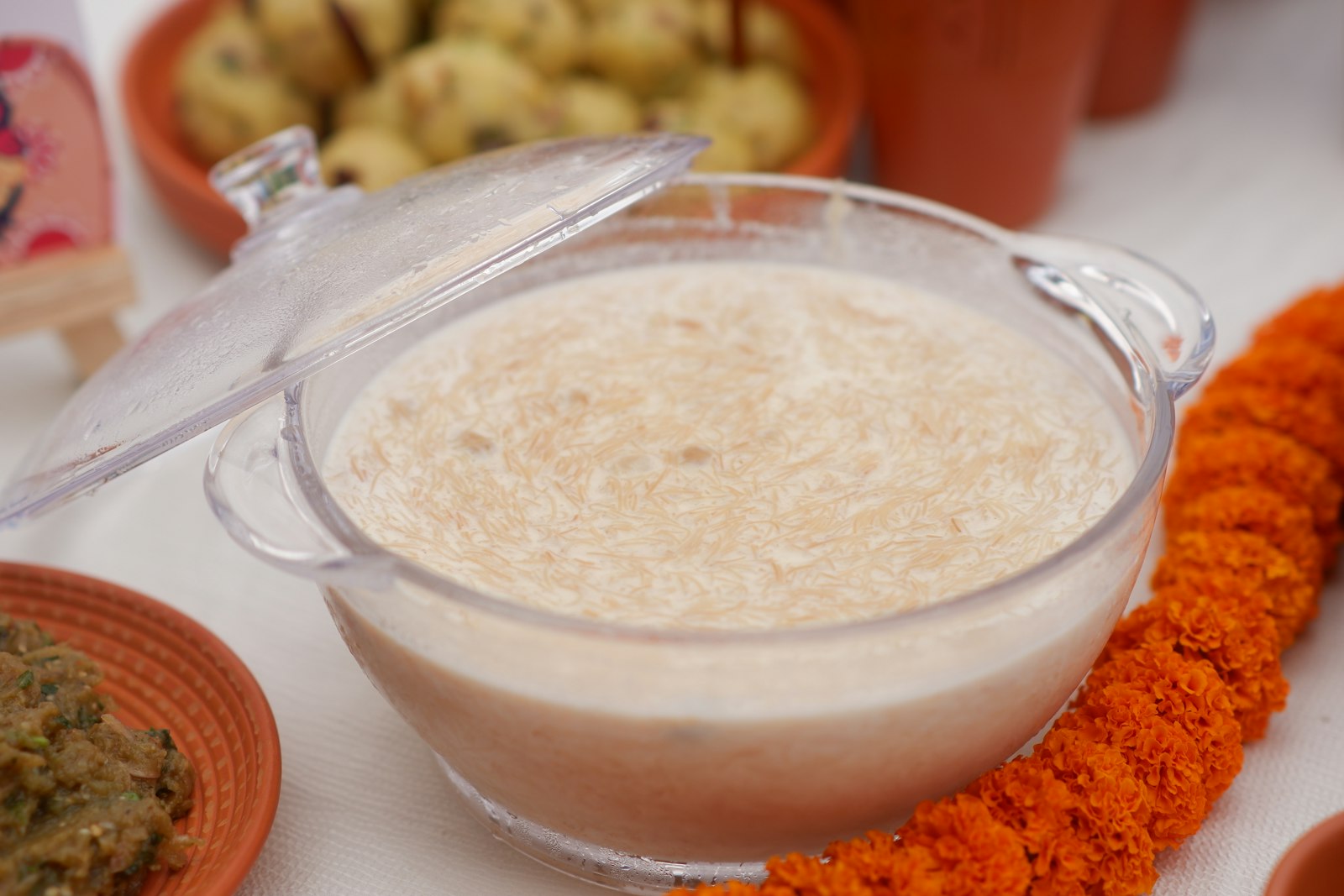 Creamy rice kheer in a glass bowl, a Diwali sweets favorite