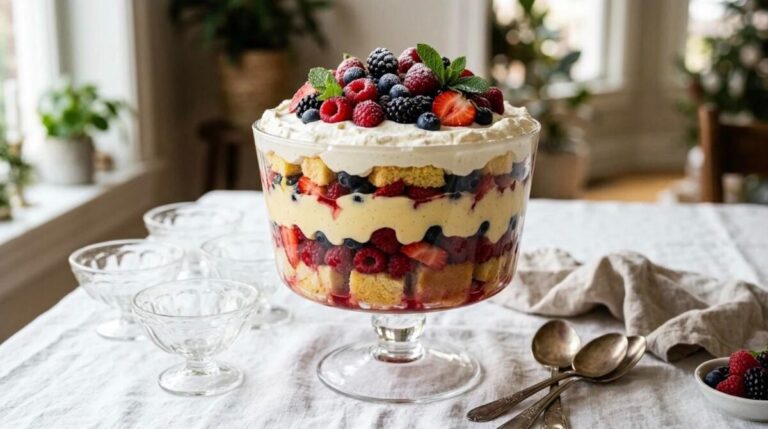 Layered desserts: a classic berry trifle in a glass footed bowl