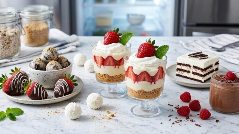Strawberry cream cups and other no bake desserts on a marble counter