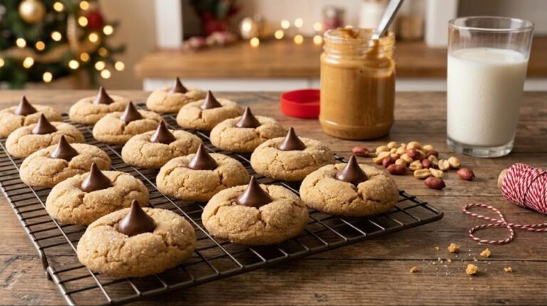 Peanut butter blossom cookies with chocolate centers on a cooling rack