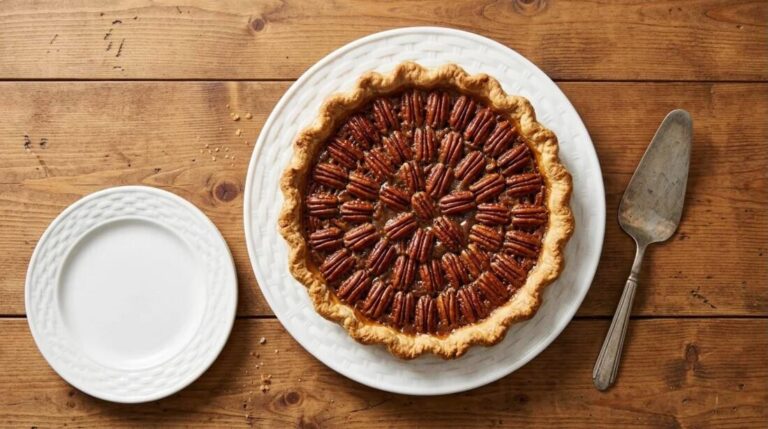 Classic pecan desserts: a whole pecan pie with glossy caramel filling on a white platter
