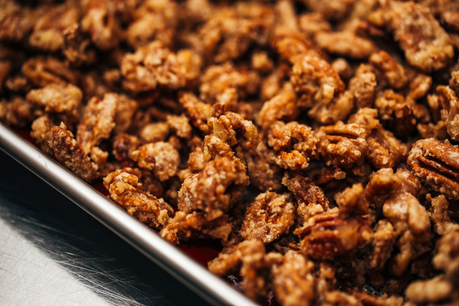 Tray of cinnamon sugar candied pecans