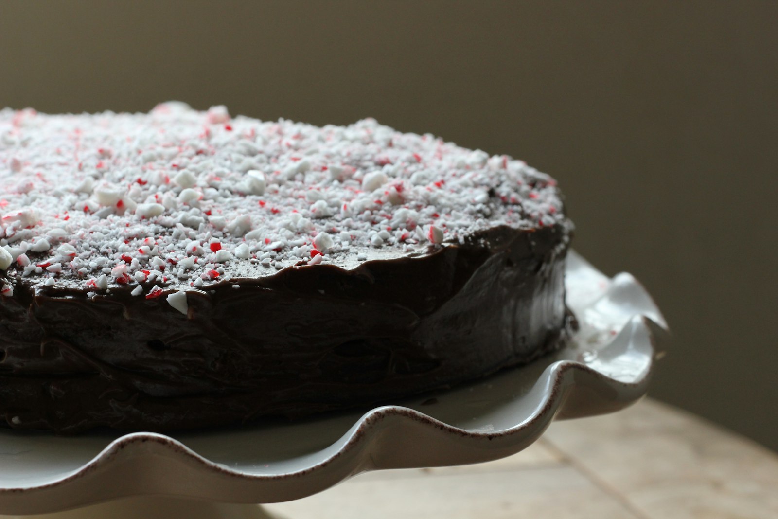 Peppermint brownie cake topped with crushed candy