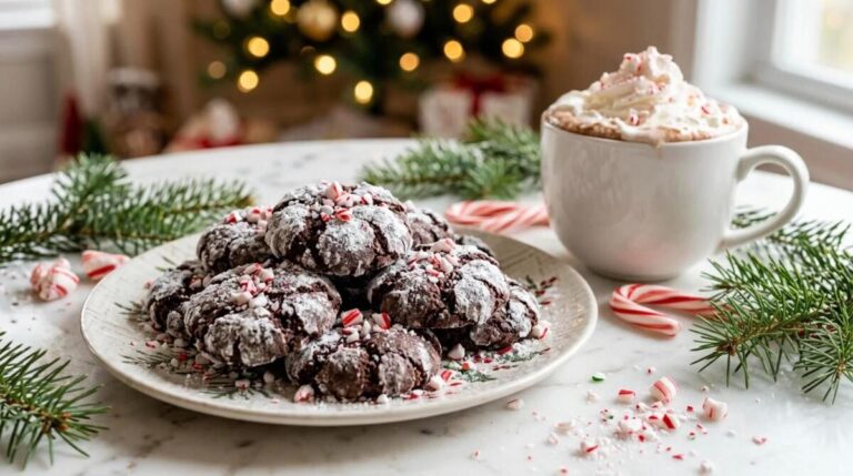Peppermint treats: chocolate crinkle cookies with crushed candy canes and hot cocoa