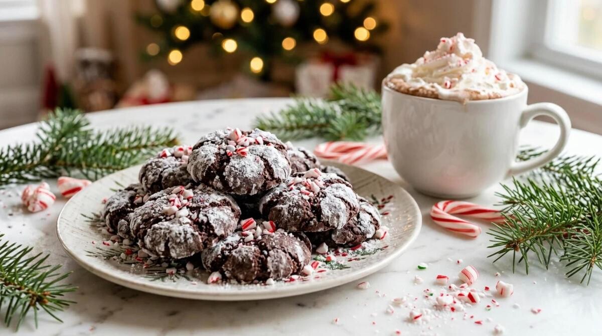 Peppermint treats: chocolate crinkle cookies with crushed candy canes and hot cocoa
