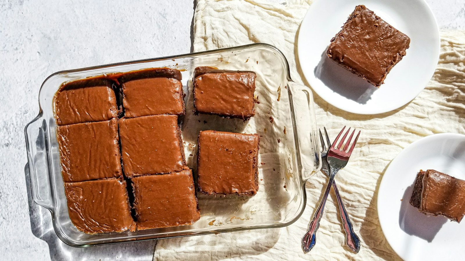 Chocolate squares in a glass baking dish