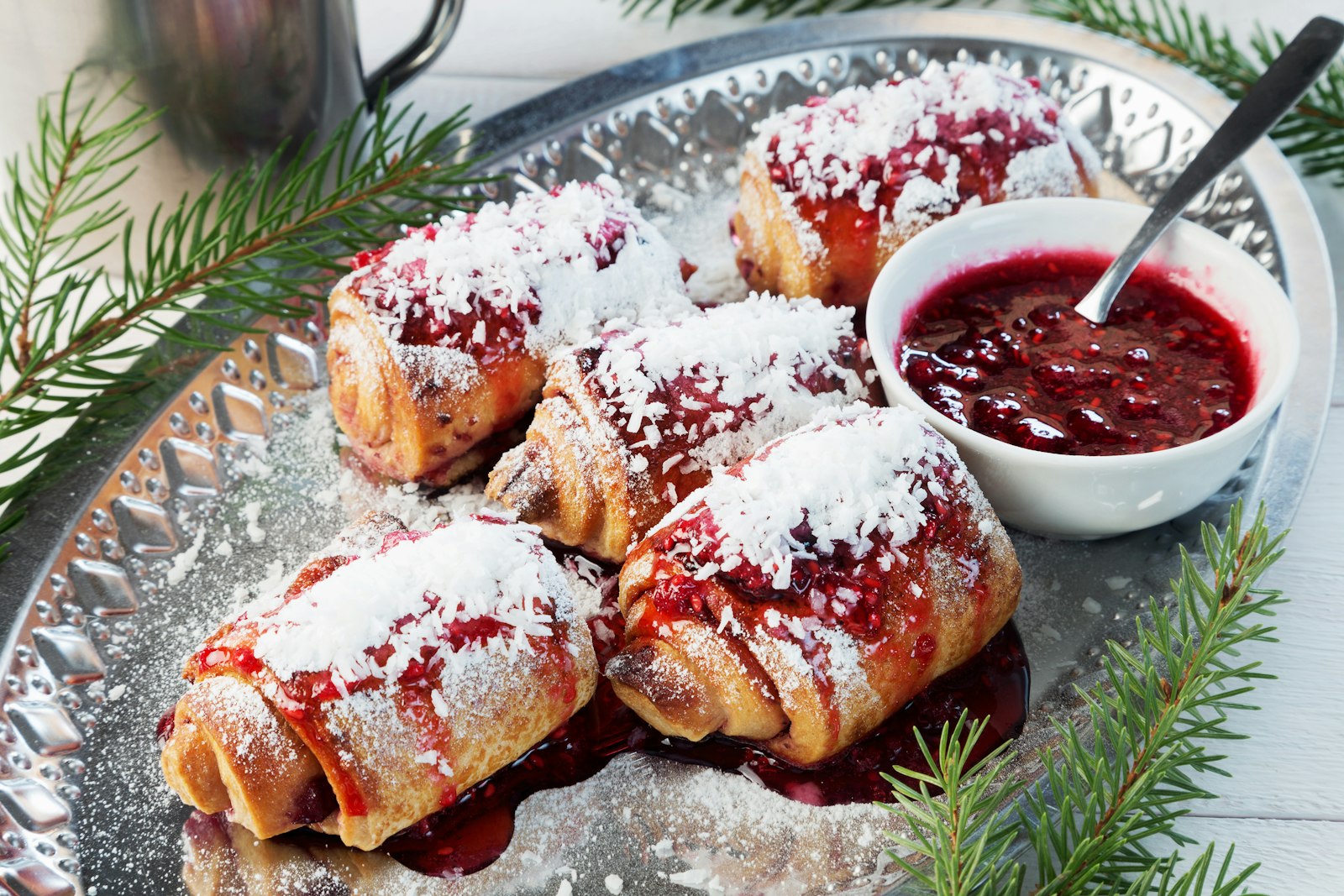 Raspberry coconut pastry rolls with jam