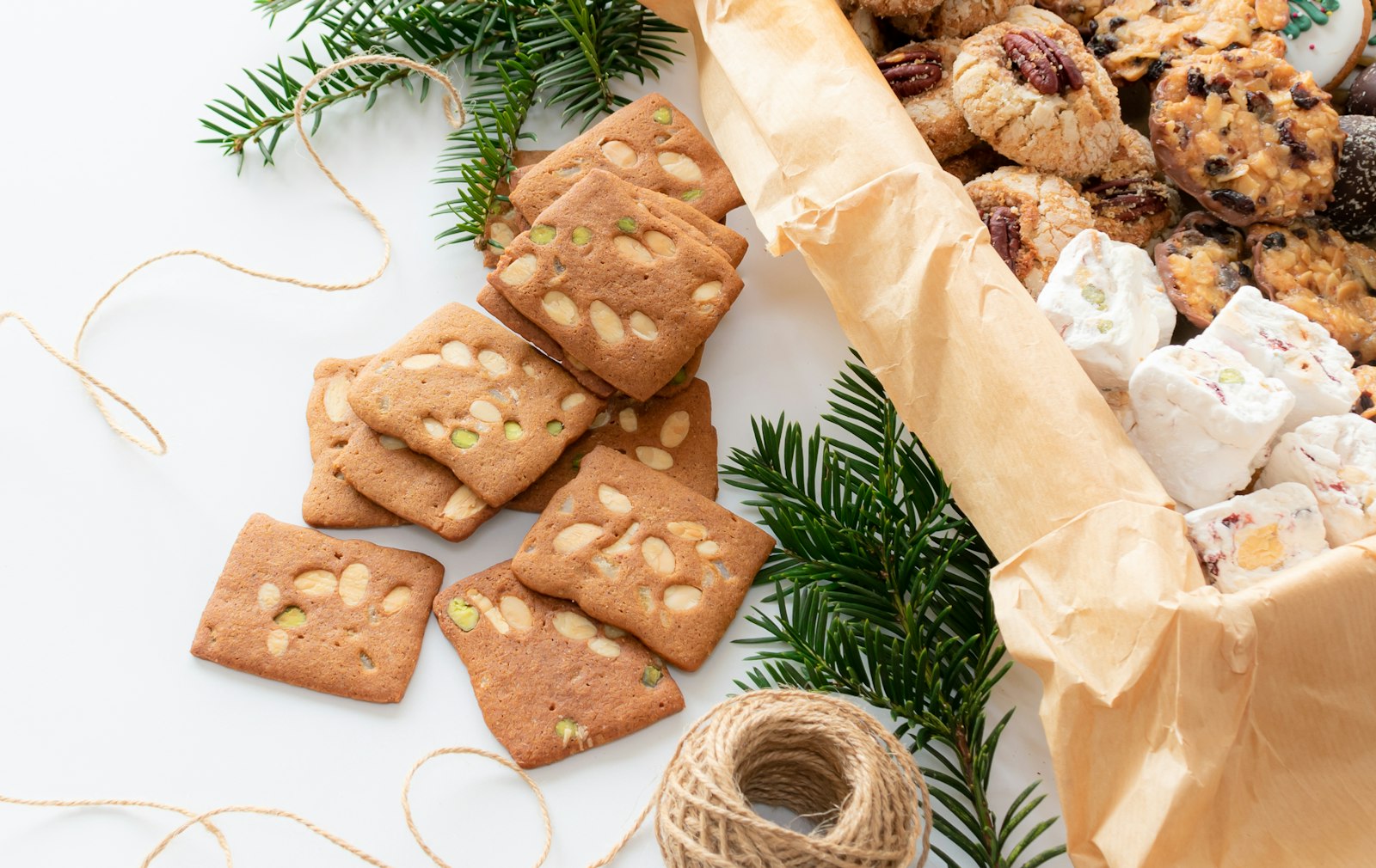 Spiced shortbread squares with pine sprigs
