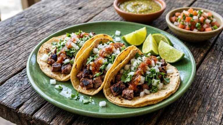 Three steak street tacos for taco night with onion, cilantro and salsa on a green plate with lime wedges