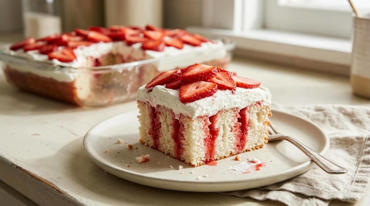 Slice of strawberry poke cake with whipped cream and fresh strawberries