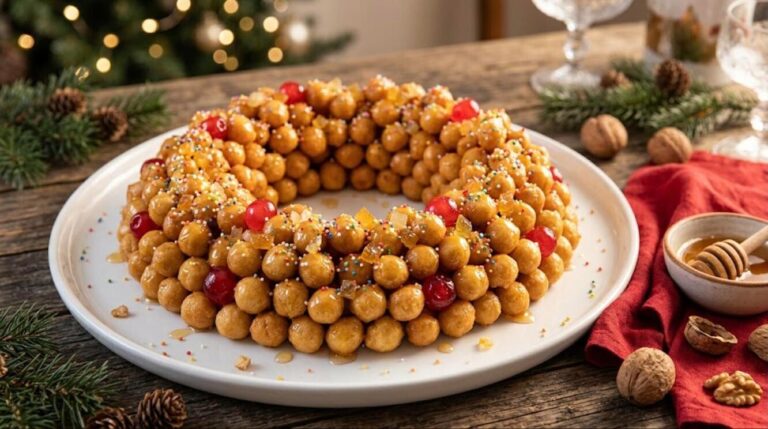 Struffoli Italian honey balls with colorful sprinkles in a wreath shape