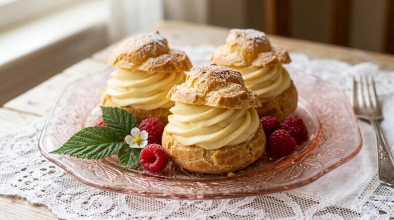 Homemade cream puffs filled with vanilla pastry cream, a classic bakery style pastry