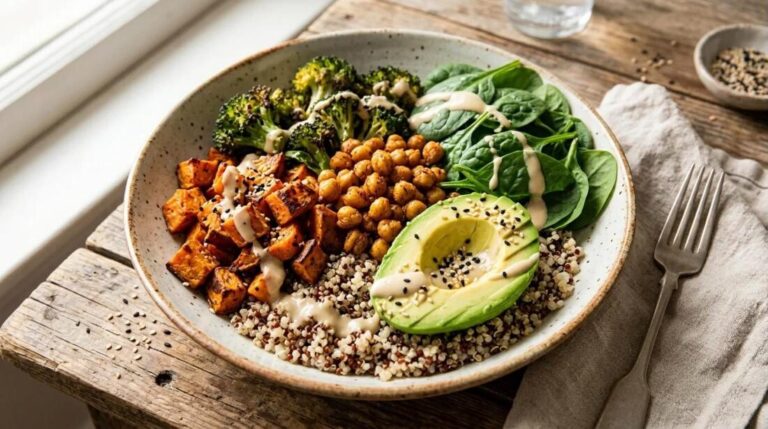 Vegetarian dinners idea: grain bowl with roasted sweet potato, chickpeas, broccoli, spinach, quinoa and avocado