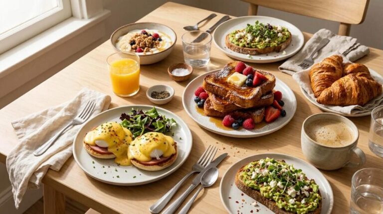 Weekend brunch recipes on a table: eggs benedict, French toast with berries, avocado toast, croissants, yogurt bowl, orange juice and coffee