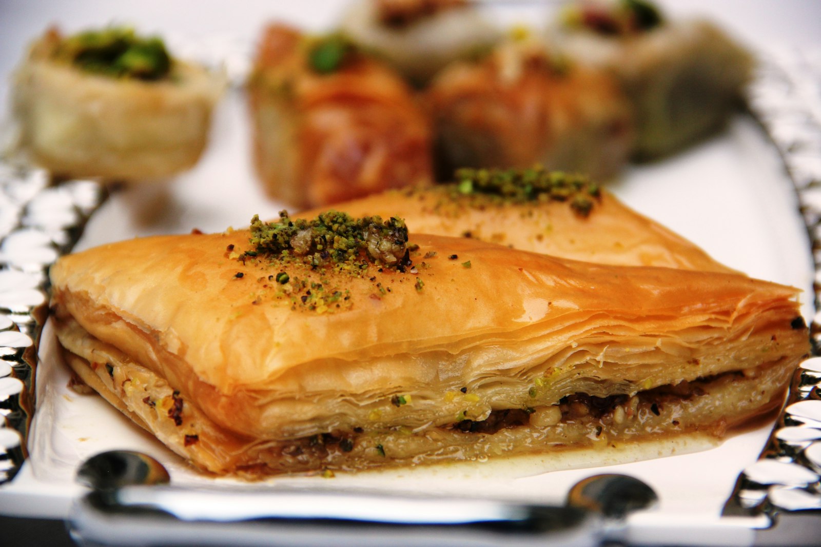 Layered baklava with nuts and honey syrup