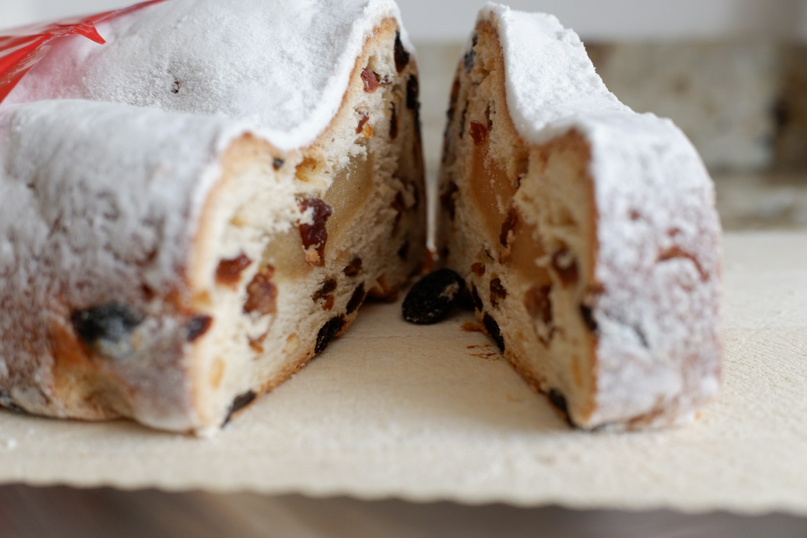 German Christmas stollen dusted with powdered sugar