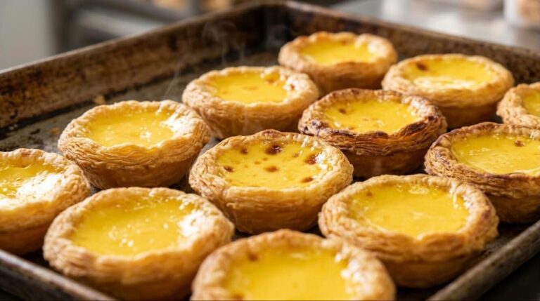 Tray of glossy Hong Kong egg tarts, a classic Asian dessert