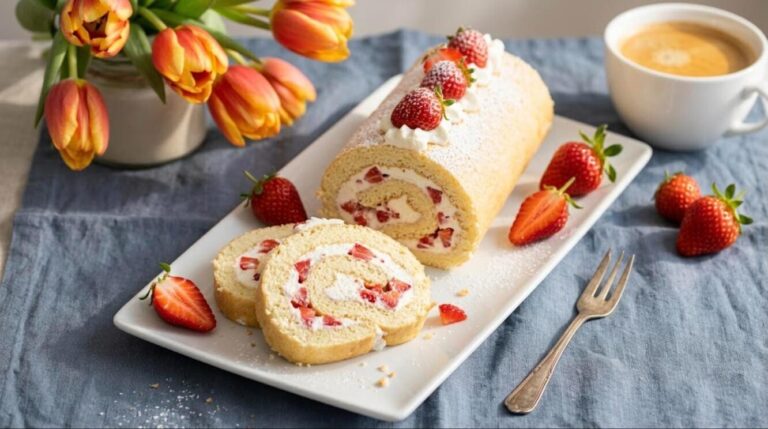 Strawberries and cream cake roll with slices showing the swirl