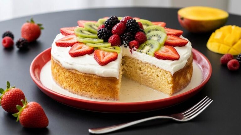 Tres leches cake with fresh fruit, a Latin American dessert favorite
