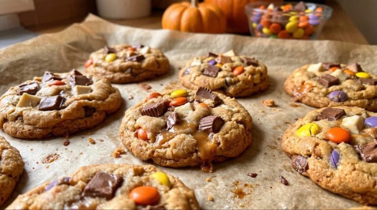 Cookies loaded with leftover Halloween candy on a baking sheet
