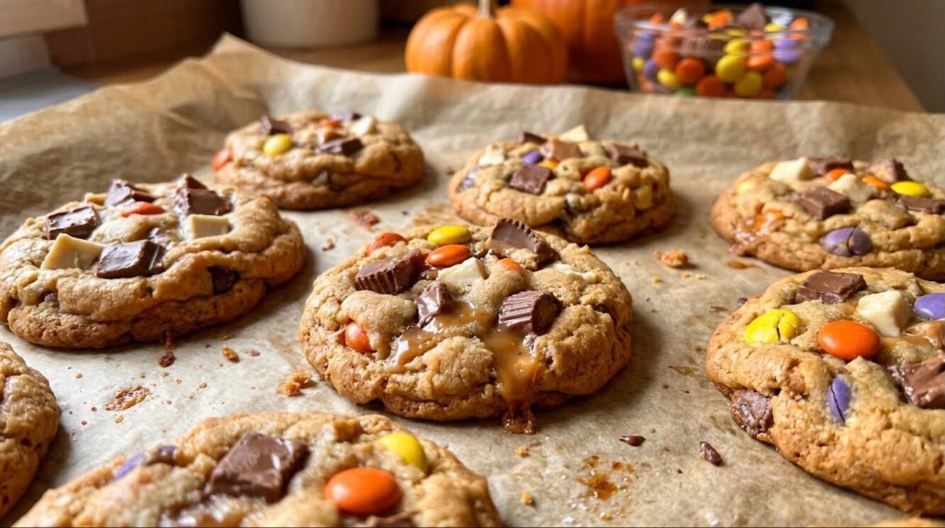 Cookies loaded with leftover Halloween candy on a baking sheet