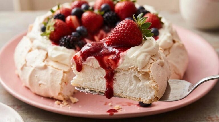 A slice of strawberry pavlova lifted from a berry topped meringue