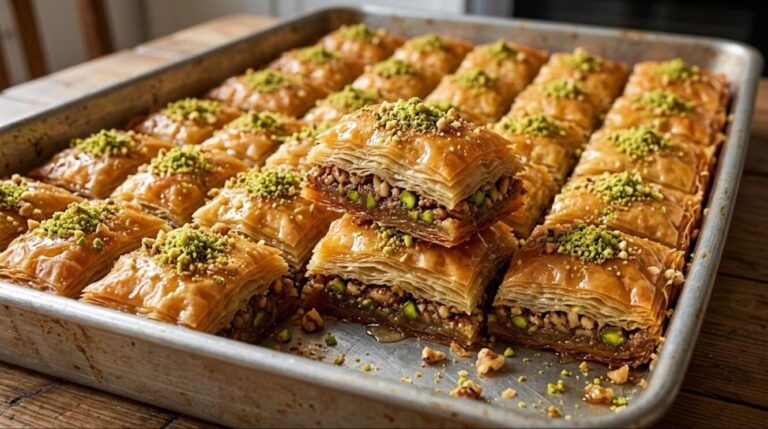 A tray of golden honey baklava with walnuts and pistachios
