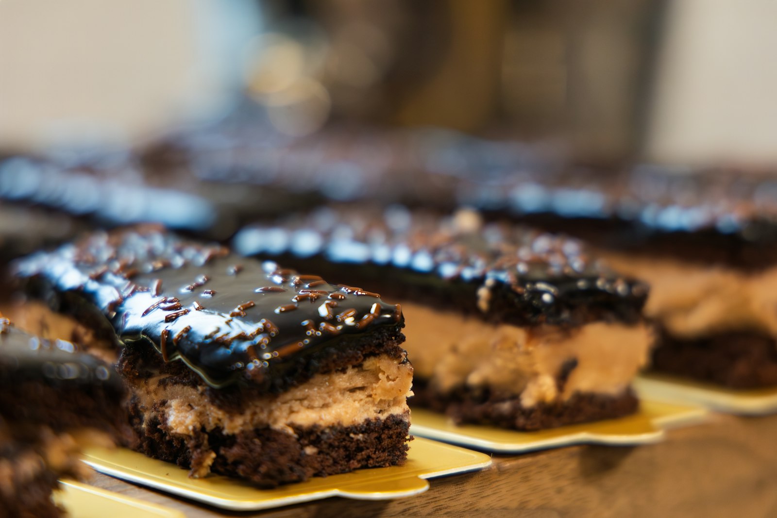 Layered chocolate bars on a tray