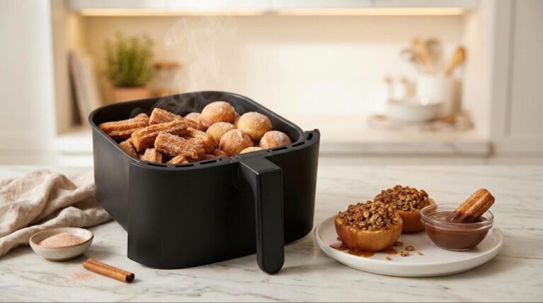 Air fryer desserts: churro bites and donut holes in an air fryer basket with baked apples