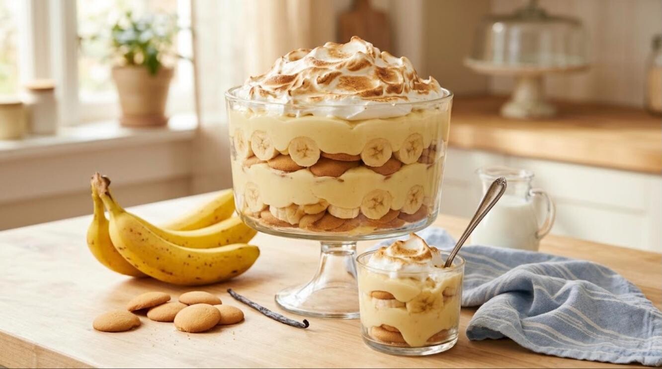 Banana desserts: Southern banana pudding with vanilla wafers and toasted meringue in a glass bowl