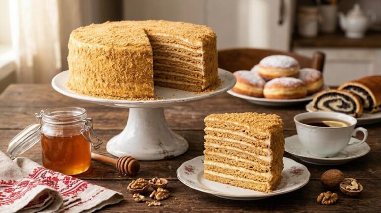 Eastern European desserts: medovik honey layer cake with paczki and poppy seed roll