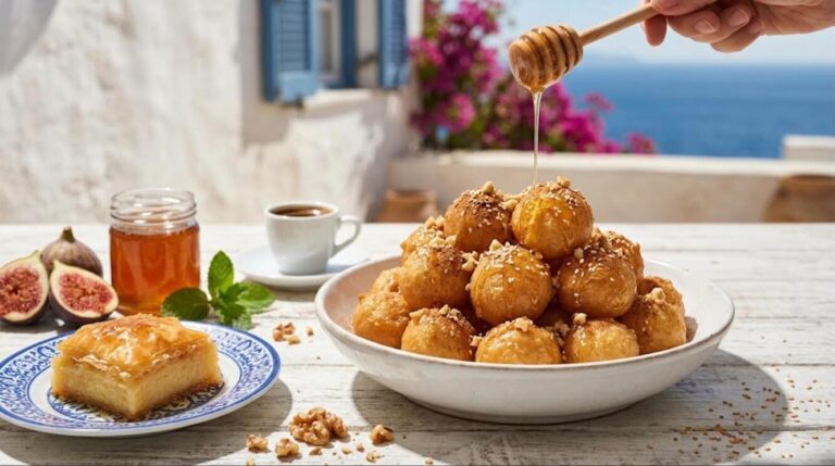 Greek desserts: loukoumades honey puffs with walnuts and a slice of galaktoboureko