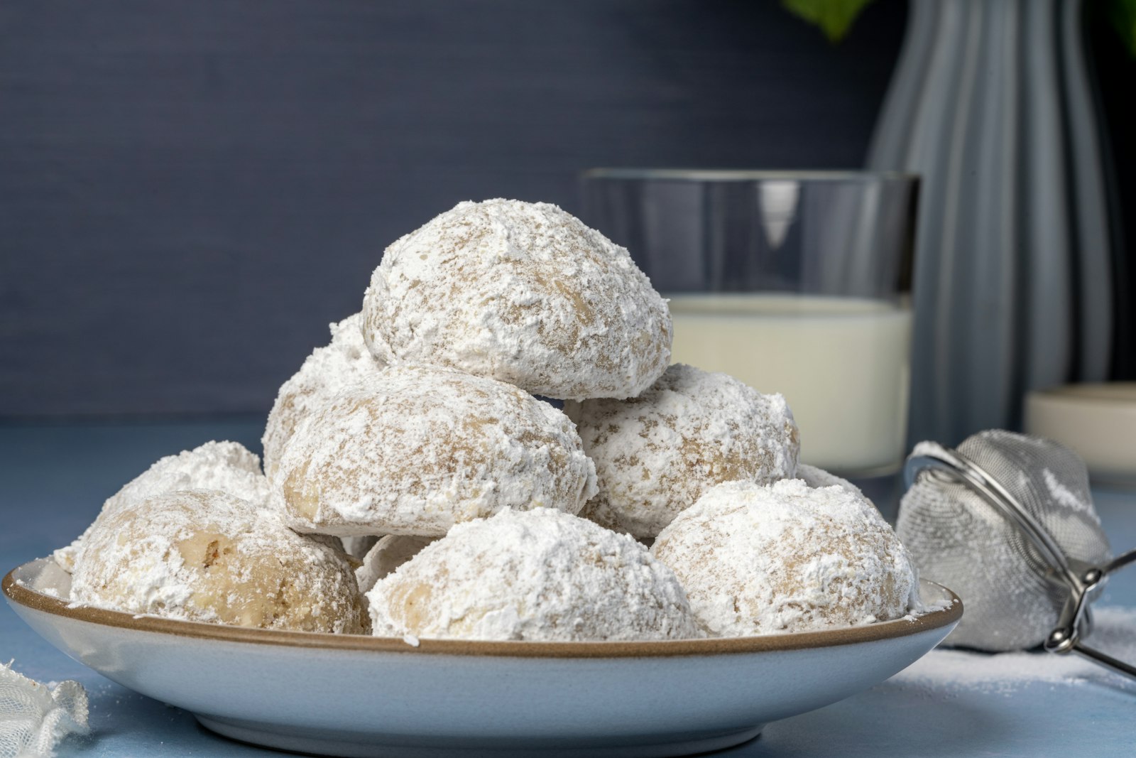 Kourabiedes butter cookies under powdered sugar, Greek desserts for Christmas