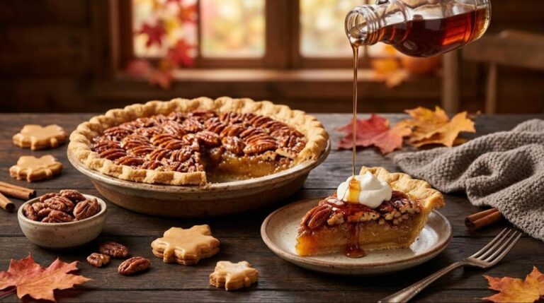 Maple desserts: maple pecan pie with syrup pouring over a slice and maple leaf cookies