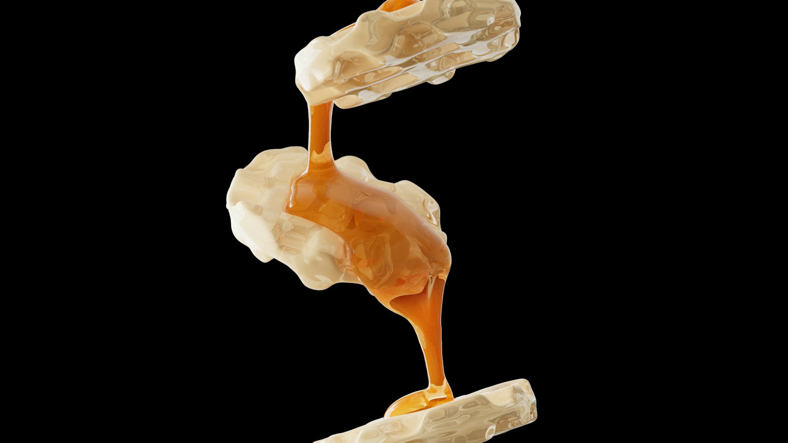 Thick golden syrup pouring from a spoon, for maple desserts
