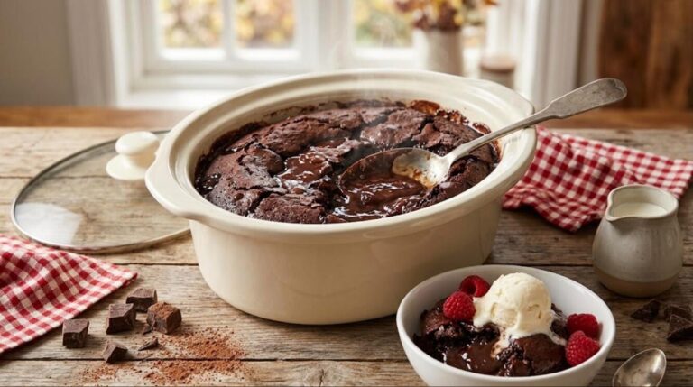 Slow cooker desserts: gooey chocolate pudding cake in a crock with ice cream and raspberries