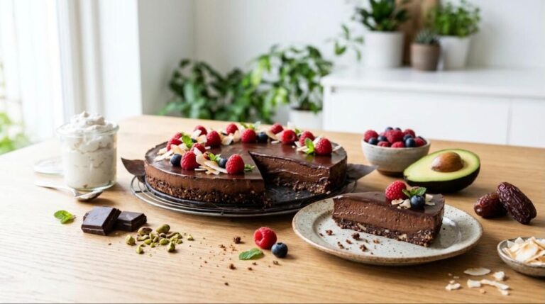 Vegan desserts: chocolate avocado mousse tart with berries, coconut and a date nut crust